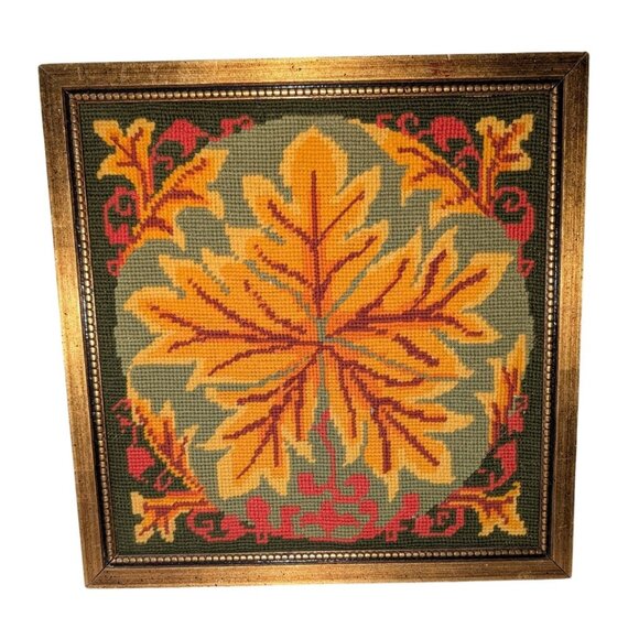 Vintage WonderArt "Foliage" Framed Needlepoint Fall Maple leaf Halloween - Picture 1 of 16